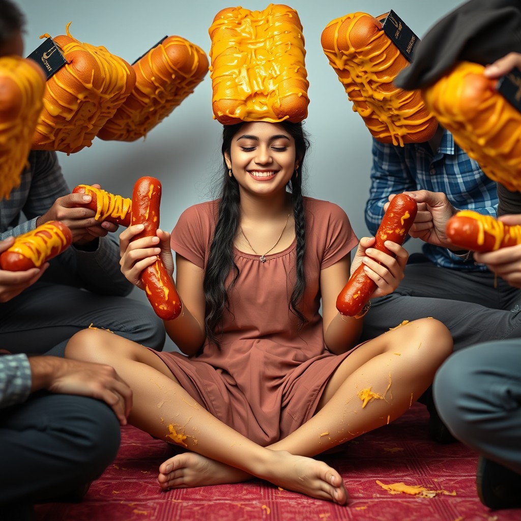 A hot Pakistani 18-year-old girl sitting criss-cross, smiling with her eyes closed, surrounded by men with cheesy kielbasa for heads