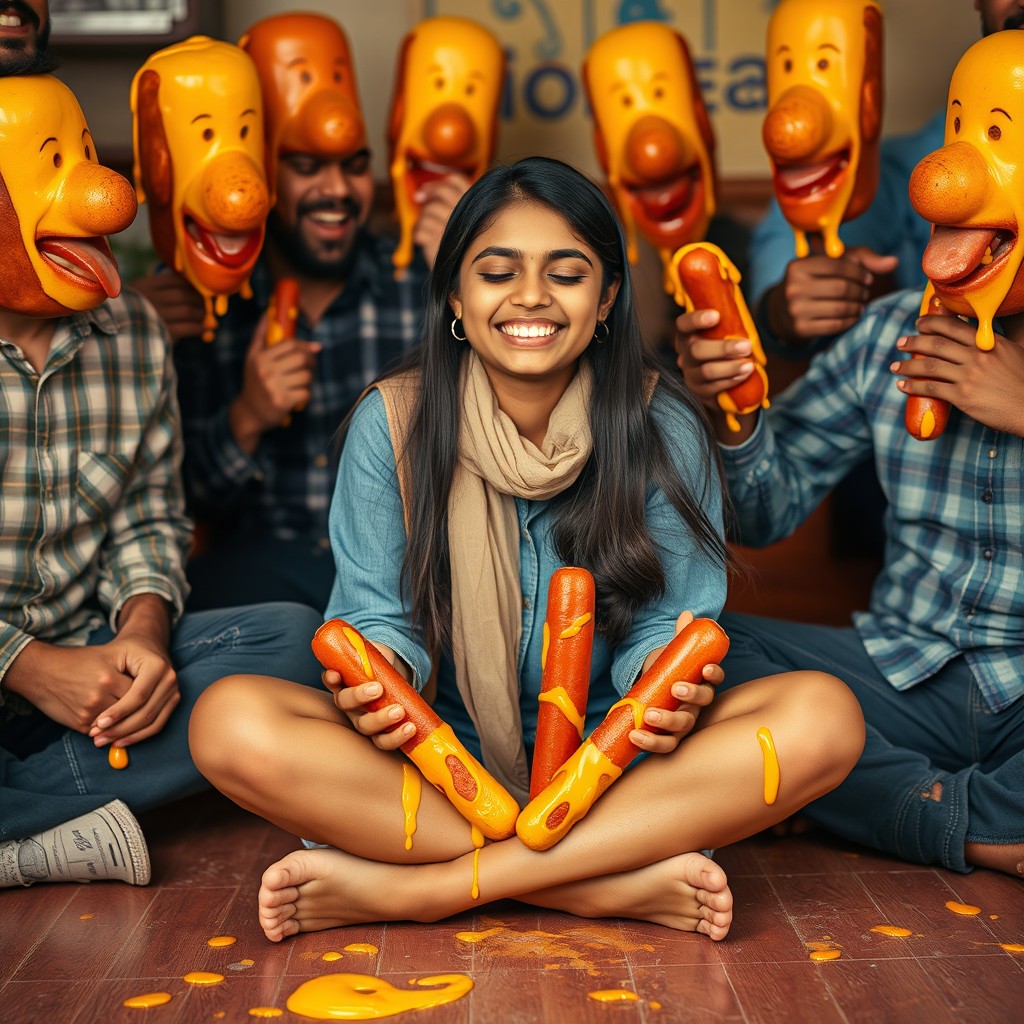 A beautiful 18-year-old Pakistani girl sitting criss-cross, smiling with her eyes closed, surrounded by whimsical characters with cheesy kielbasa heads