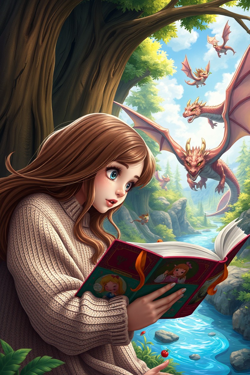 A girl with flowing brown hair, wearing a cozy sweater, is deeply engrossed in a colorful book about dragons