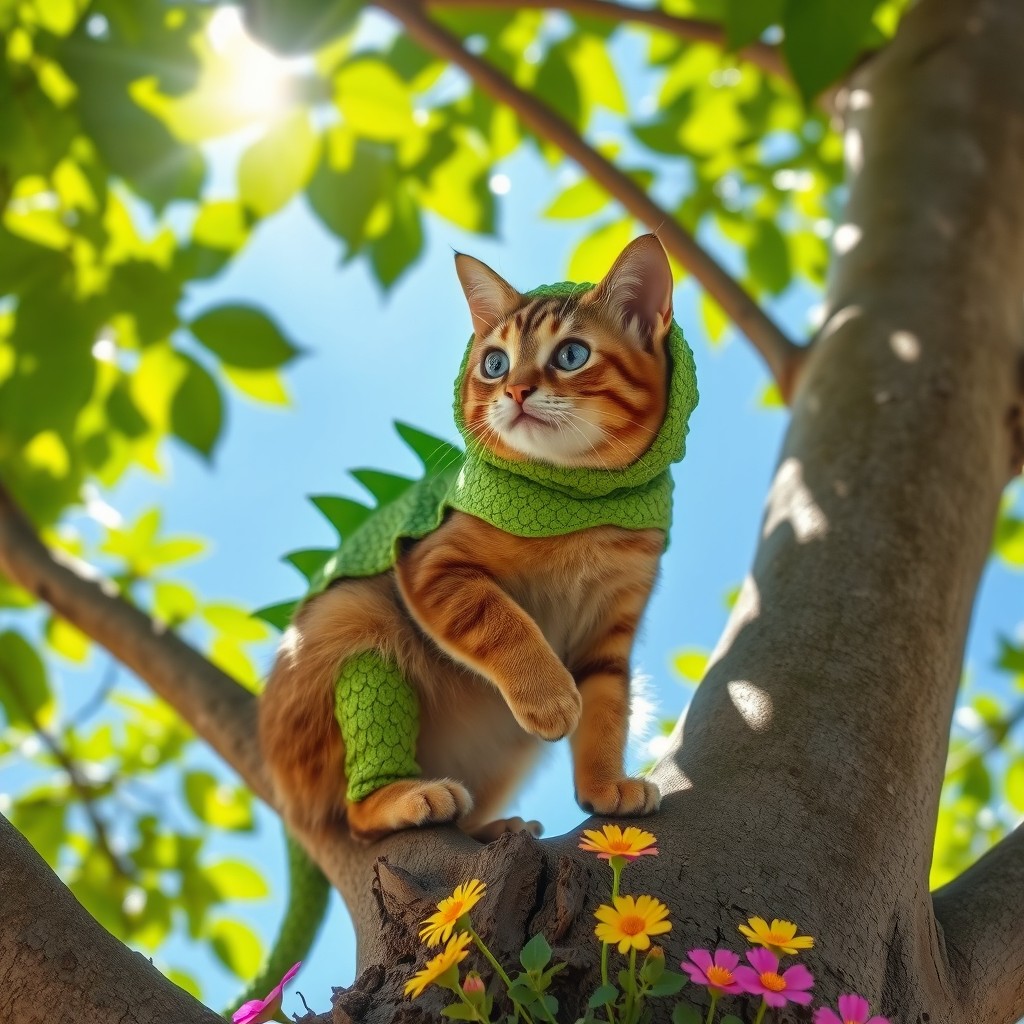 A playful cat dressed in a lizard costume, perched on a branch of a tree