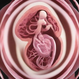 A detailed and medically precise visualization of a healthy fetus growing during the second trimester of pregnancy, encapsulated in a womb.