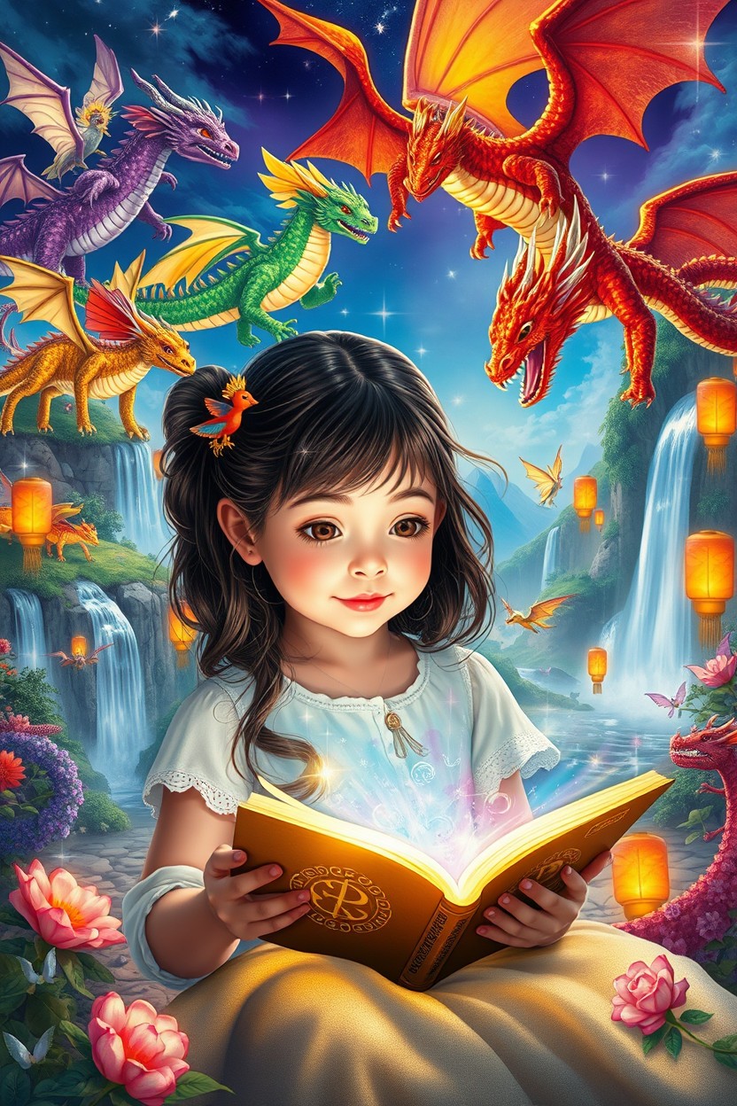A young girl immersed in a vibrant world of magic, surrounded by colorful dragons flying around her