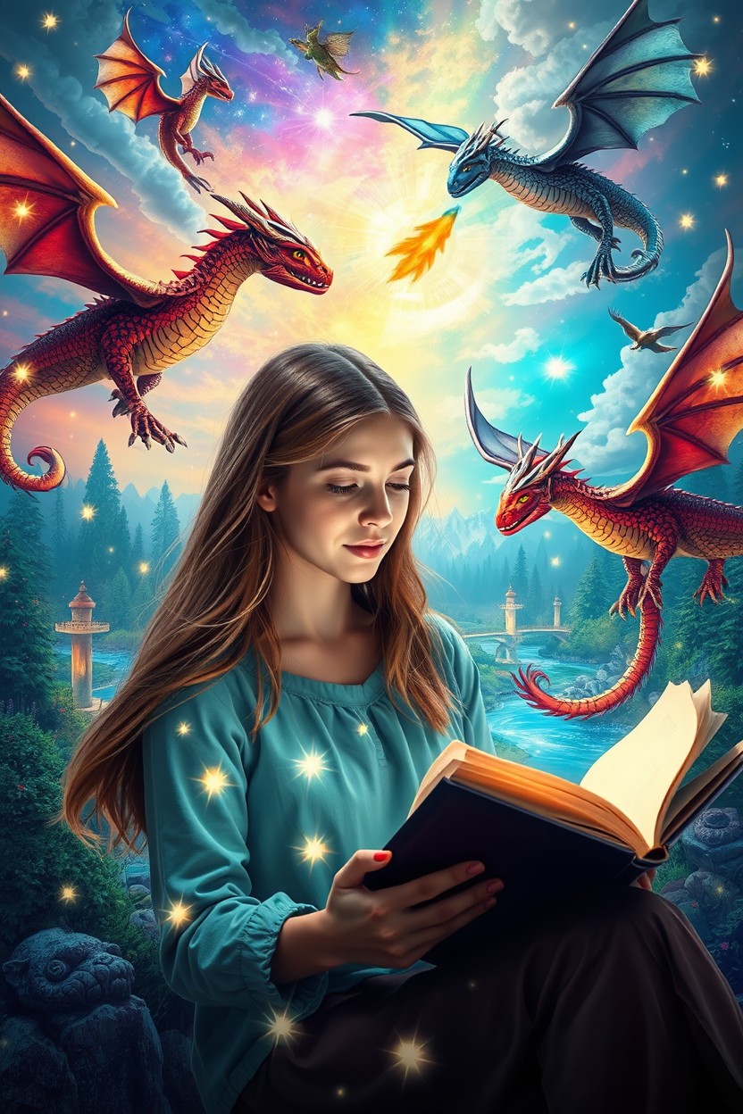 A scene depicting a young woman reading a book, with an enchanting magical world unfolding around her, filled with vibrant and majestic dragons soaring through the air