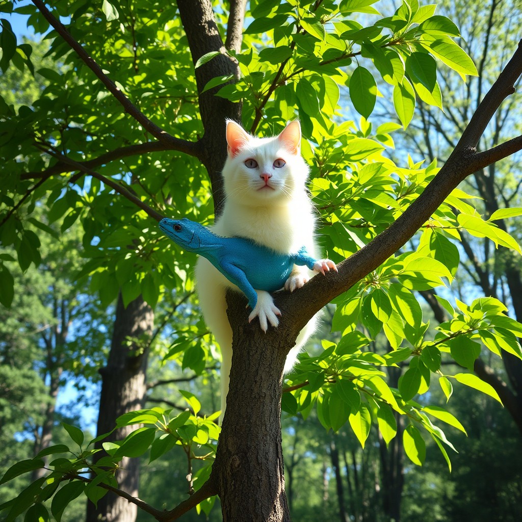 A whimsical scene featuring a white cat with the body of a blue lizard perched atop a tree