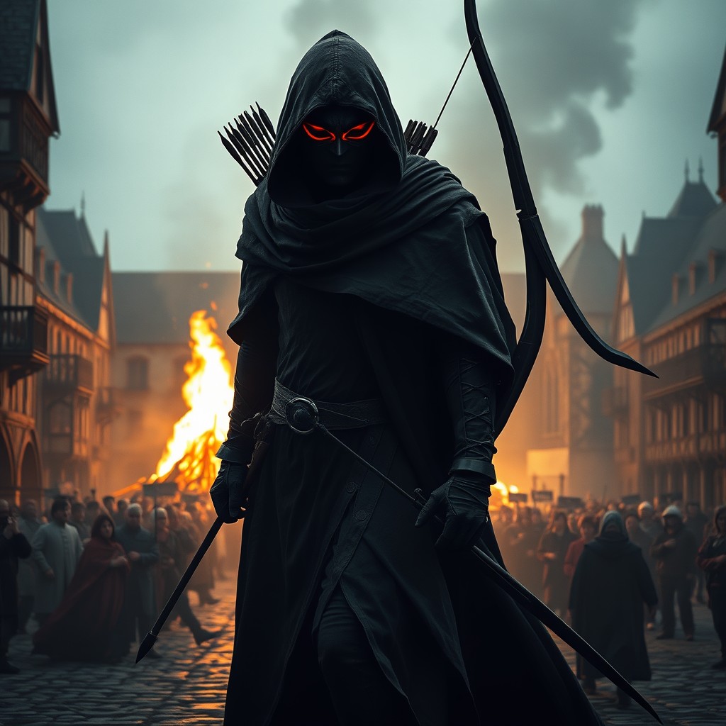 A mysterious archer wearing a black mask with red highlights, dressed in a flowing black hooded cloak, is stealthily leaving a medieval square
