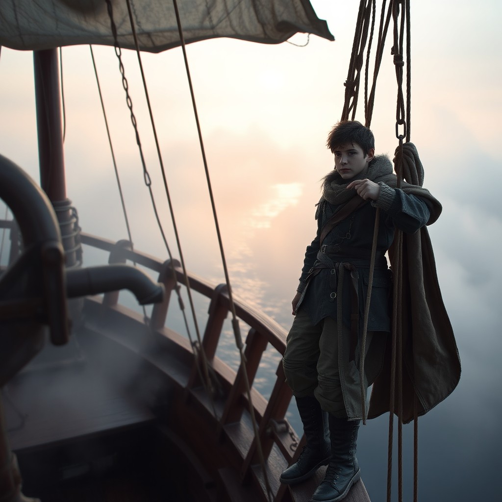 A young adventurer standing confidently on the mast of a medieval ship, gripping the mast with his right hand
