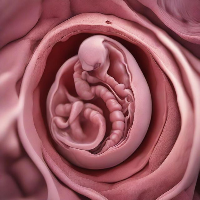 A detailed and medically precise visualization of a healthy fetus growing during the second trimester of pregnancy, encapsulated in a womb.