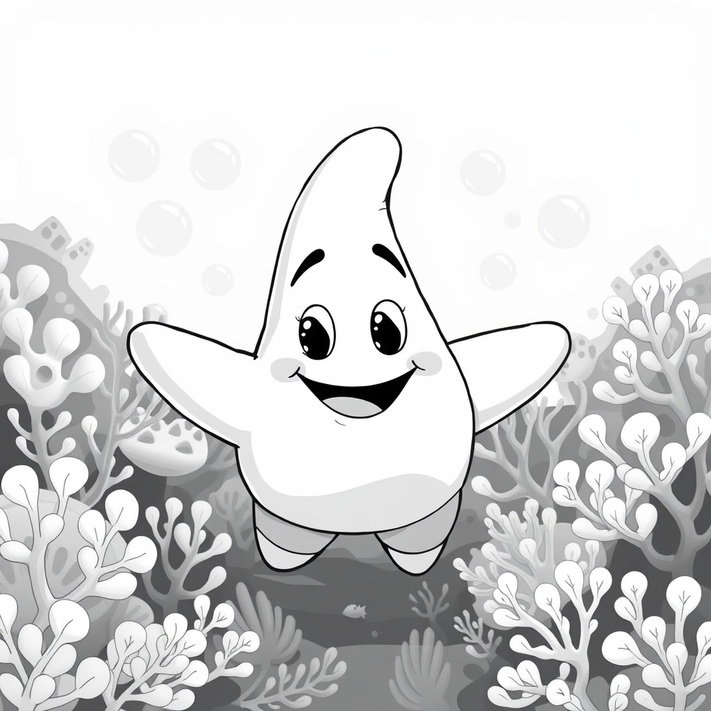 A stylized illustration of a cartoon character similar to Patrick Star from a popular animated series, depicted with a completely monochrome color palette