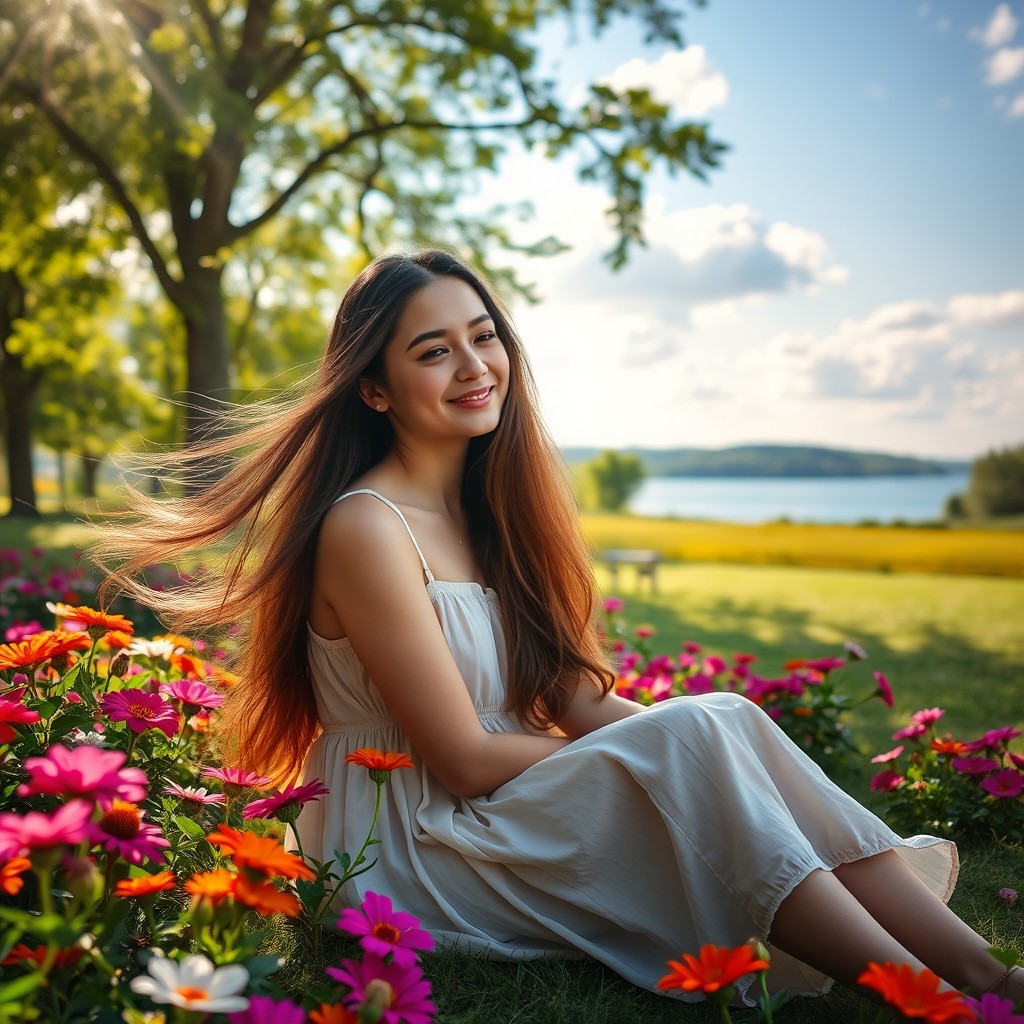 A young woman with flowing long hair sitting in a sunlit park, wearing a flowy summer dress, surrounded by colorful blooming flowers
