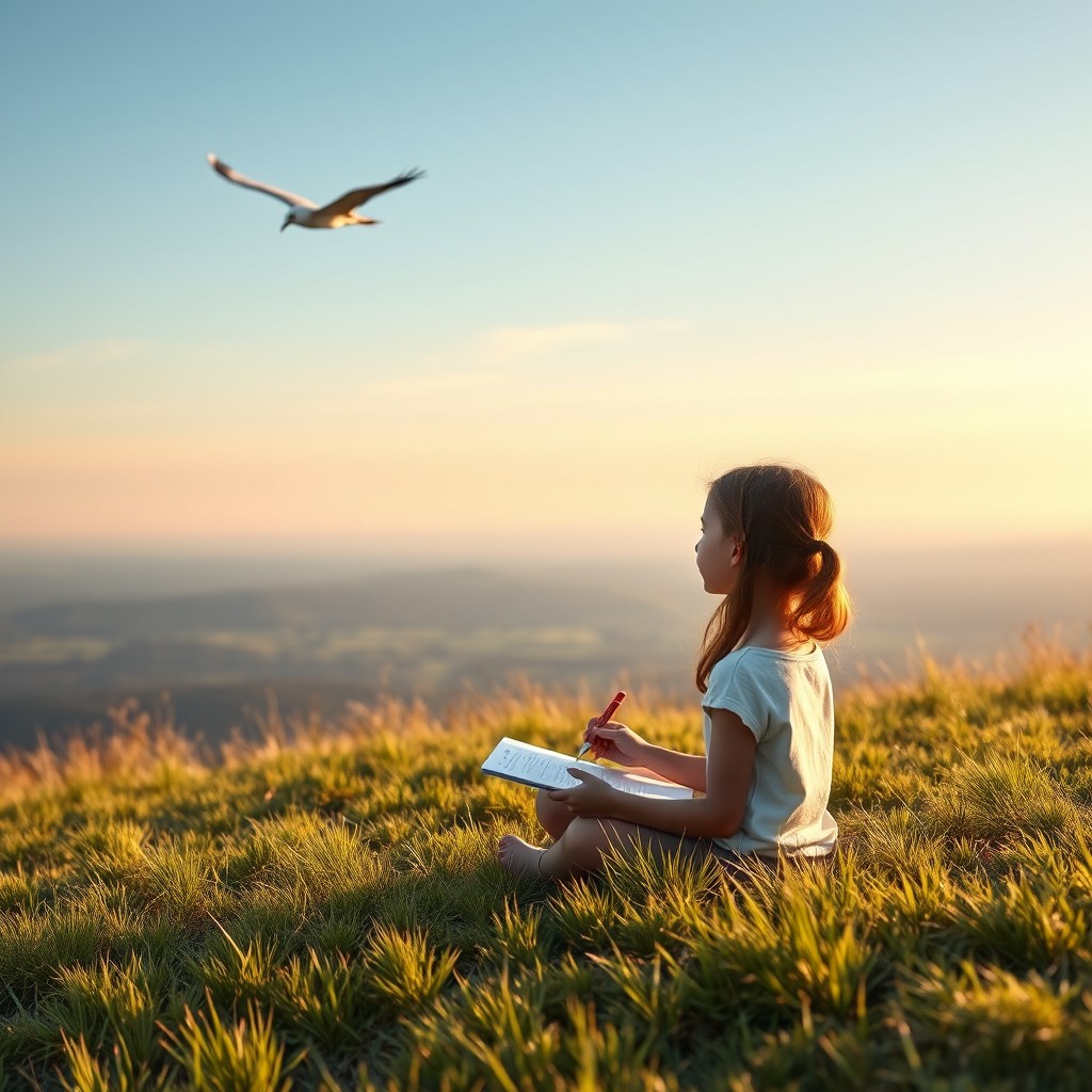 A serene landscape beyond the horizon, featuring a soaring albatross in the sky