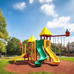 A colorful, bustling American playground, filled with lively children enjoying various playground equipment like swings, slides, and seesaws under a bright, sunny sky.