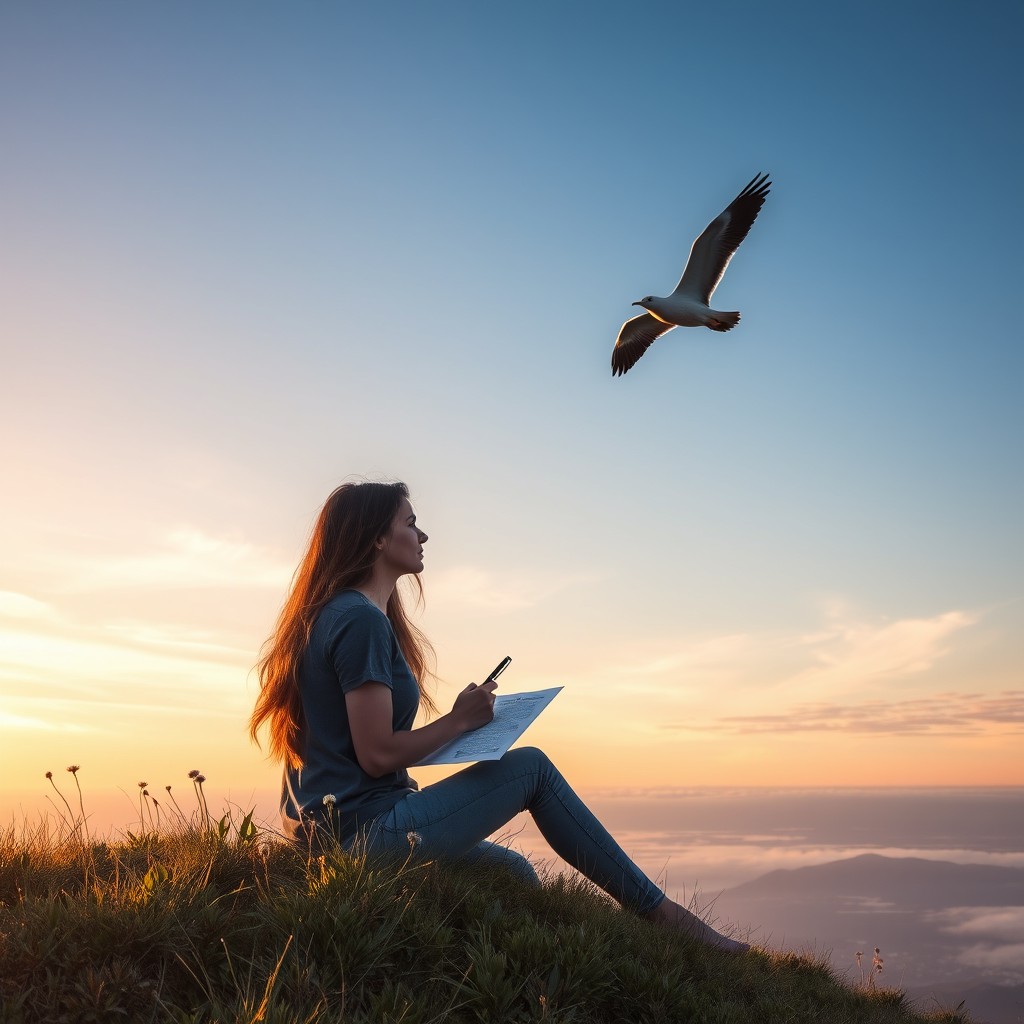 A serene horizon with a beautiful sky, featuring a majestic albatross soaring gracefully above