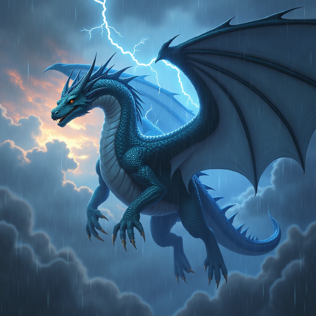 A awe-inspiring Storm Dragon with enormous wings, flying through a dramatic sky filled with swirling storm clouds and vibrant flashes of lightning