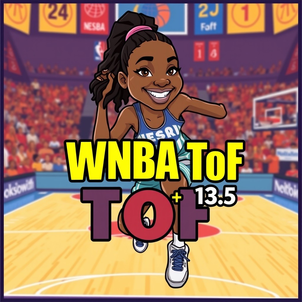 A cartoon-style depiction of Kahleah Copper in the background on a basketball court, showcasing her in an energetic basketball pose