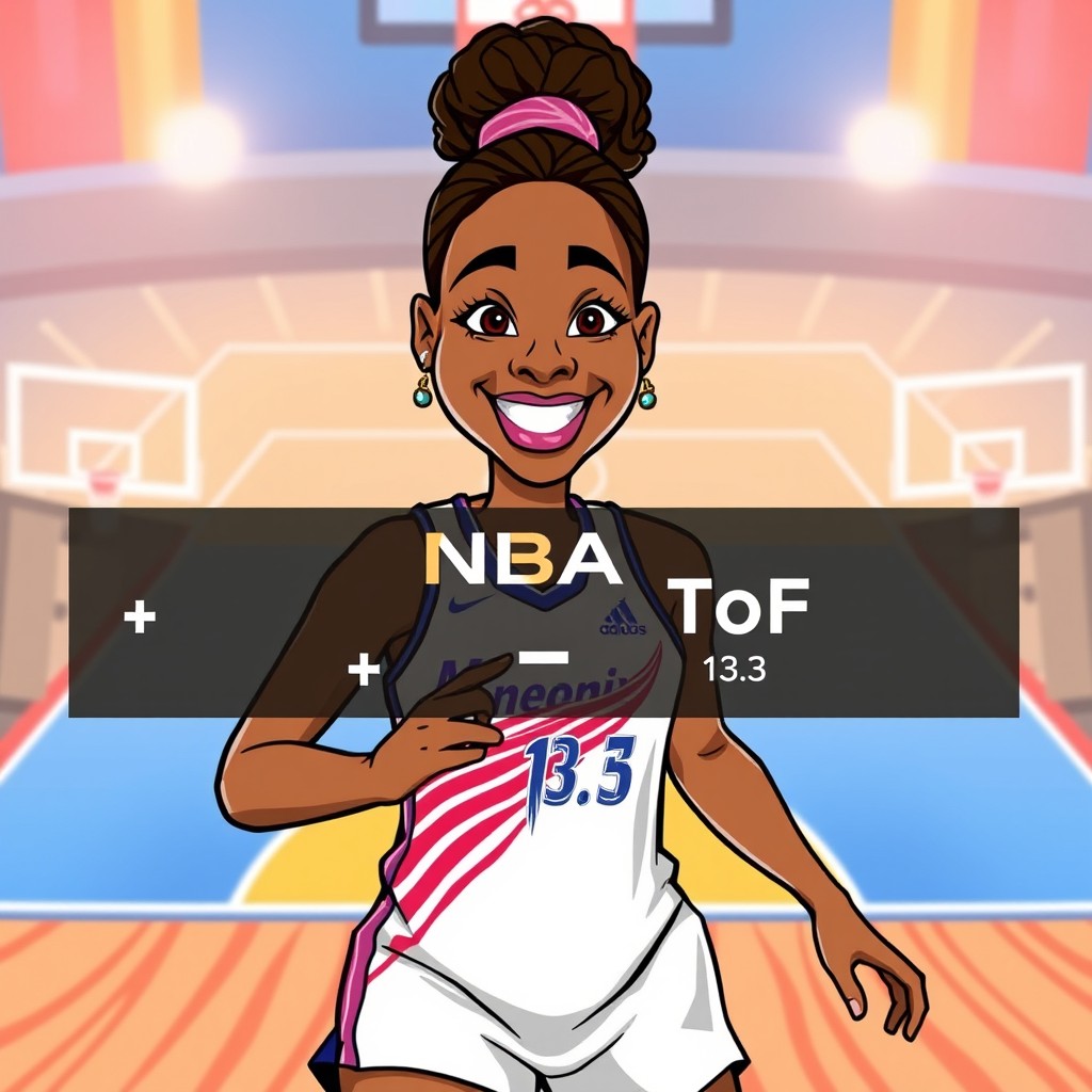 A cartoon-style illustration of Kahleah Copper, inspired by her appearance in a Phoenix Mercury jersey, set against the backdrop of a vibrant basketball court