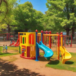 A colorful, bustling American playground, filled with lively children enjoying various playground equipment like swings, slides, and seesaws under a bright, sunny sky.