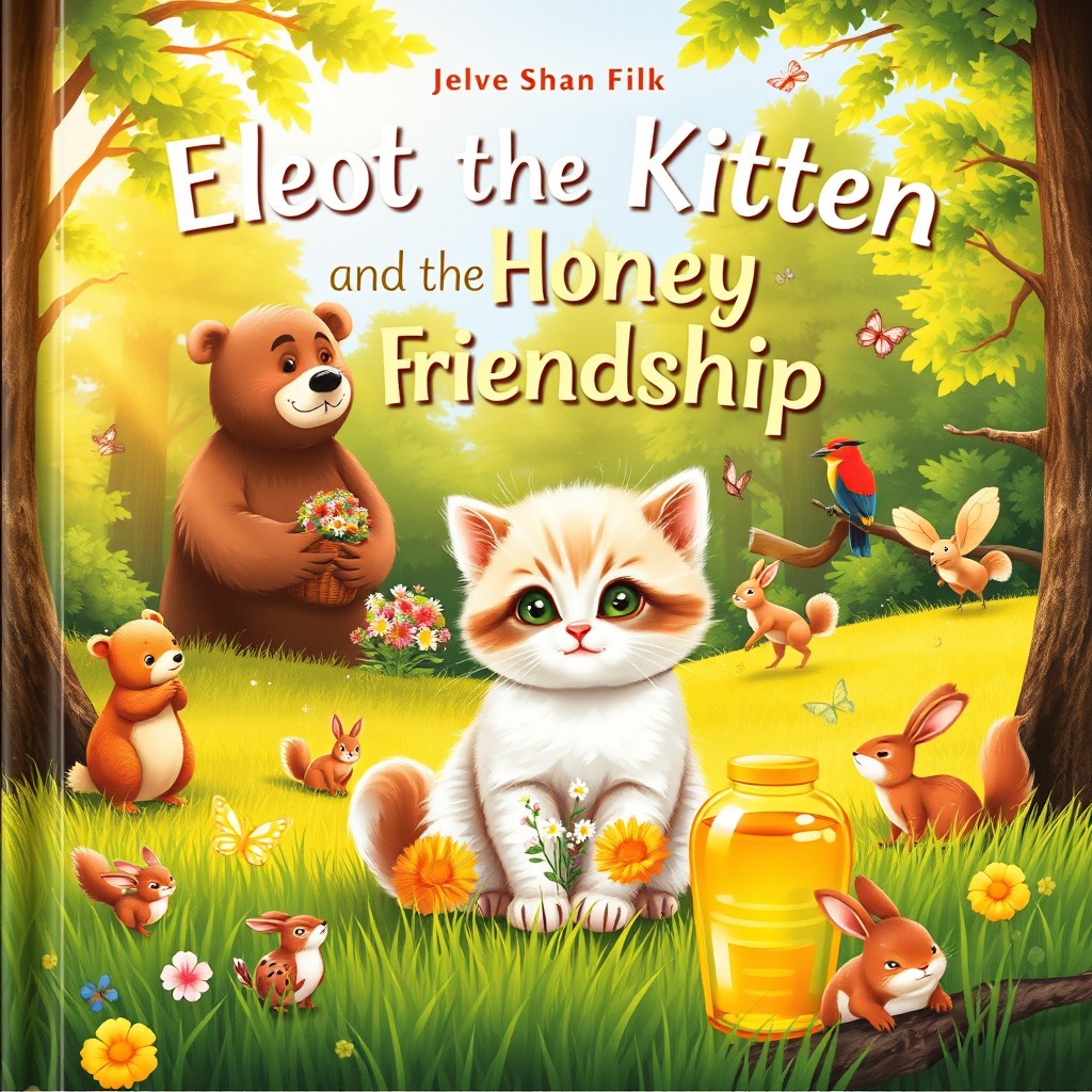 A charming and colorful children's book cover featuring a soft, fluffy kitten with pale green eyes sitting in a sunny green meadow at the edge of a forest