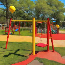 A colorful, bustling American playground, filled with lively children enjoying various playground equipment like swings, slides, and seesaws under a bright, sunny sky.