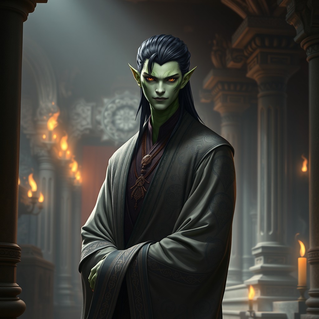 A male Yuan-Ti Pureblood, depicted with sleek black hair, showcasing a serpentine appearance with greenish scaly skin