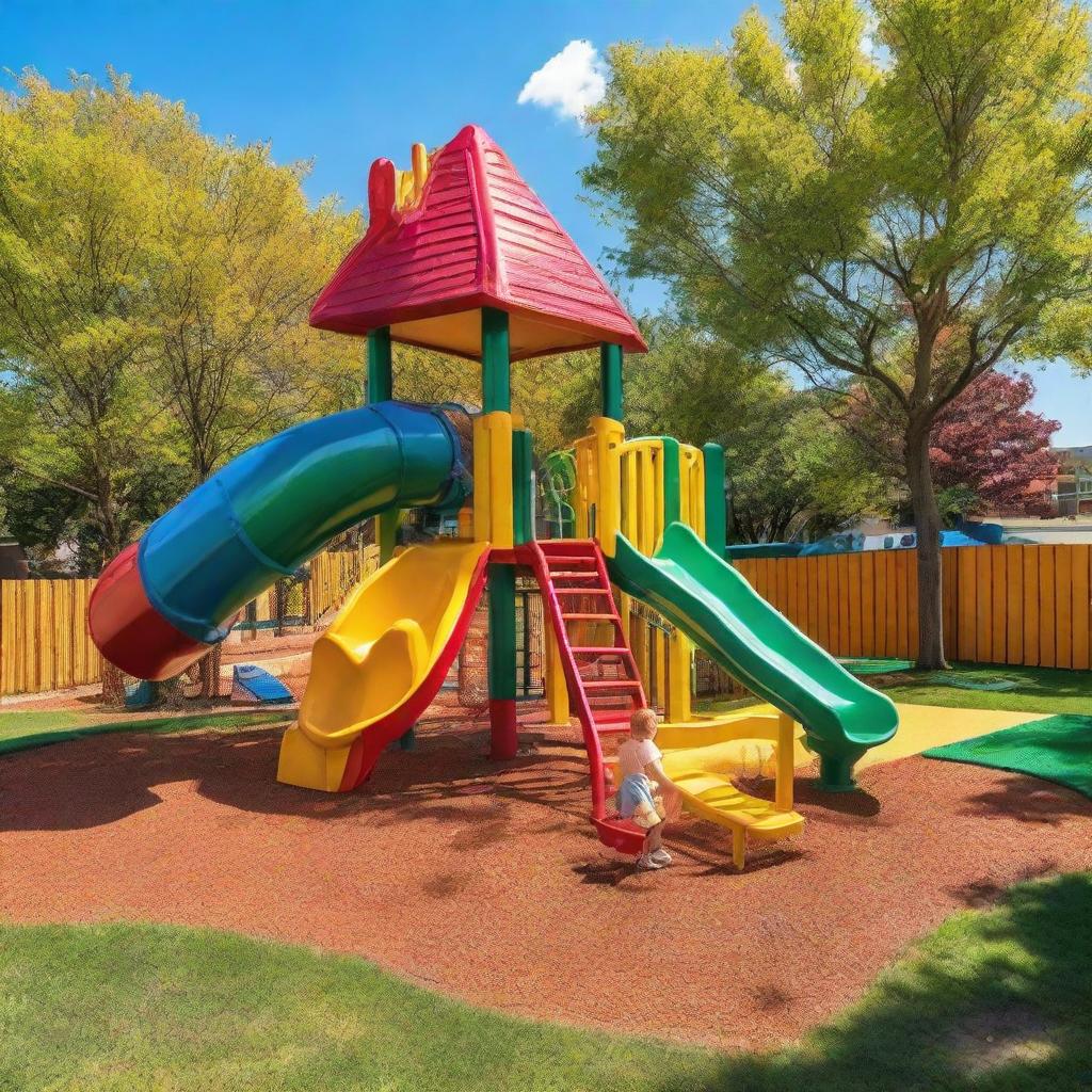 A colorful, bustling American playground, filled with lively children enjoying various playground equipment like swings, slides, and seesaws under a bright, sunny sky.