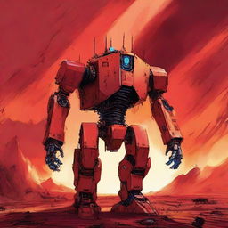 A colossal robot striding majestically beneath a fiery red sky