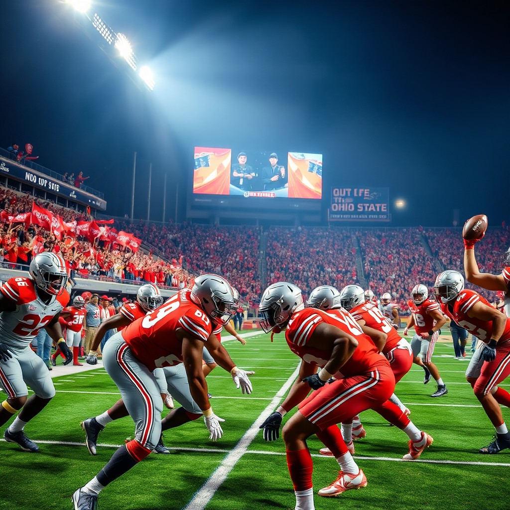 An exciting scene showcasing the Ohio State football team during a game at their home stadium, The Ohio Stadium