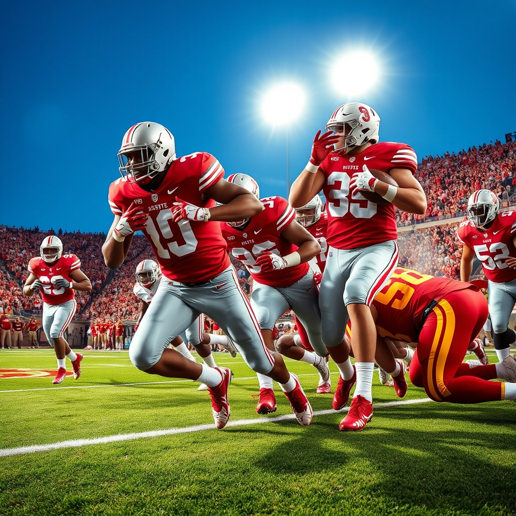 A dramatic representation of an intense college football game showcasing Ohio State University playing against the University of Southern California (USC) Trojans