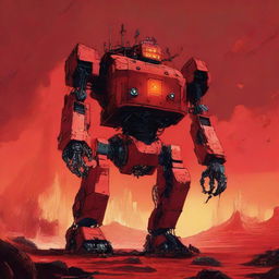 A colossal robot striding majestically beneath a fiery red sky