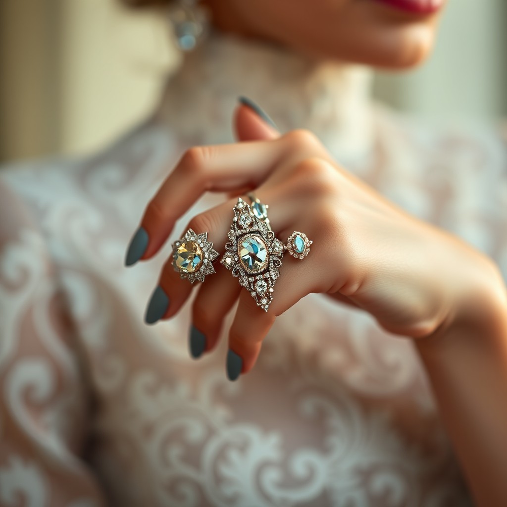 A close-up of a woman's hand adorned with exquisite jewelry, featuring a stunning, ornate ring on each finger
