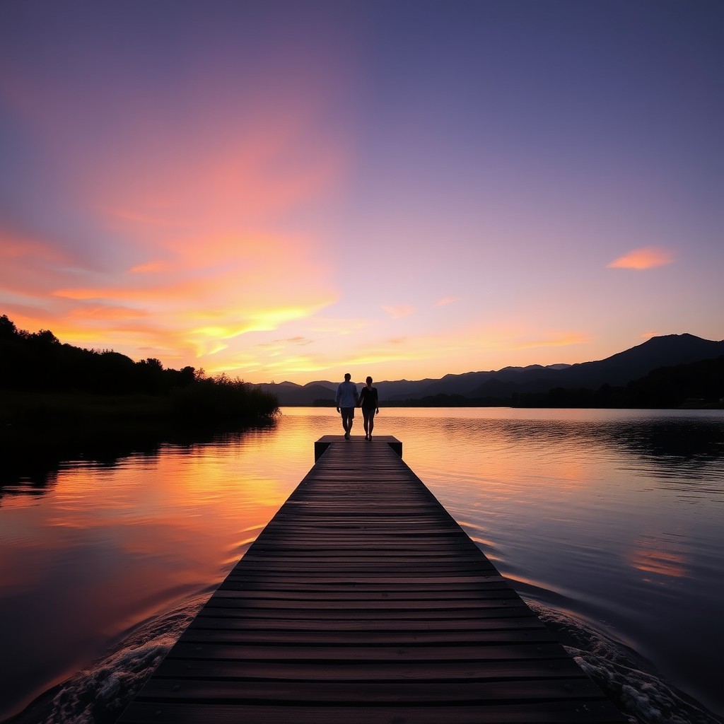A serene sunset view over a wooden jetty extending into a calm lake, surrounded by lush greenery