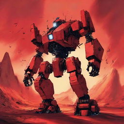 A colossal robot striding majestically beneath a fiery red sky