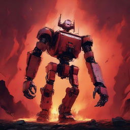 A colossal robot striding majestically beneath a fiery red sky