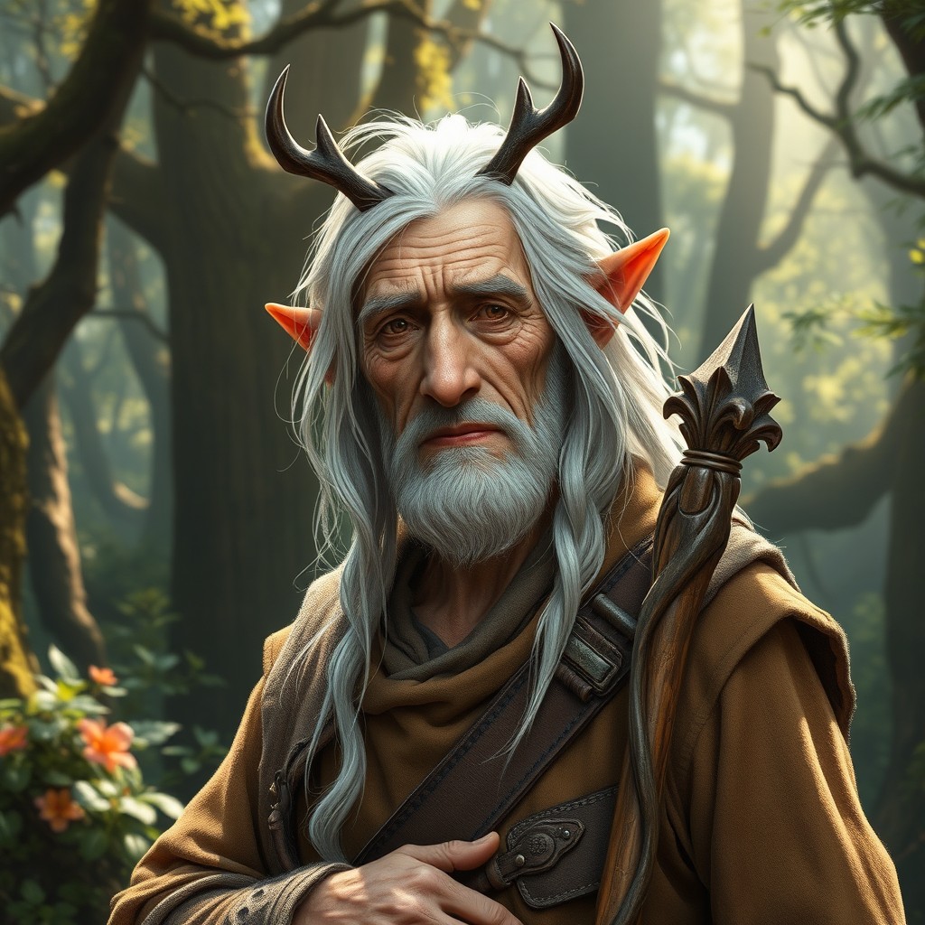 An elderly wood elf ranger with wise, deep-set eyes and flowing white hair that gracefully frames his face