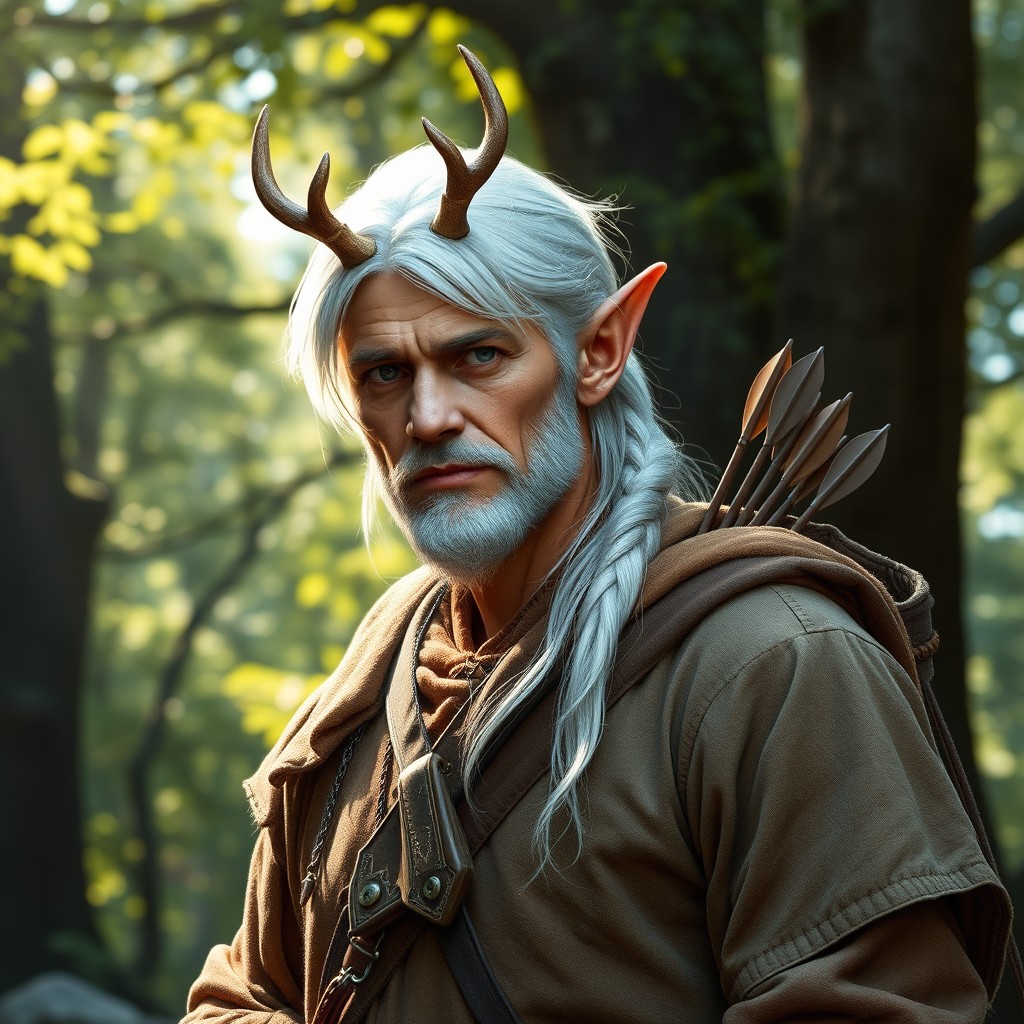 A distinguished 40-year-old male wood elf ranger with striking white hair and small, elegant antlers gracefully adorning his head