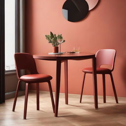 A fiery, bold dining chair design inspired by Hans Werner, placed elegantly in a cozy café environment, accompanied by a glass of fine wine on a small table beside it.