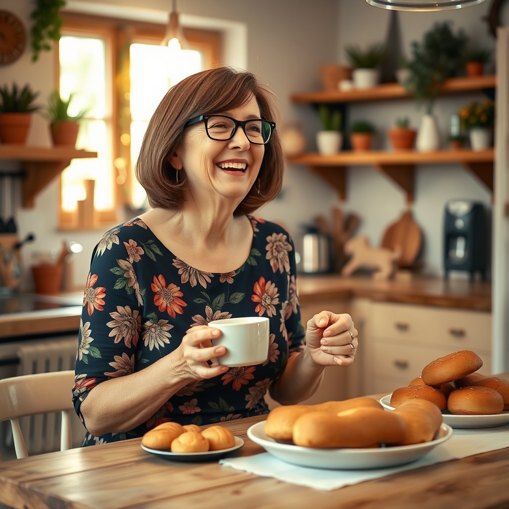 A mature woman, affectionately styled as an aunt, wearing a stylish floral dress, smiling and laughing in a cozy kitchen, surrounded by warm light and homey decorations