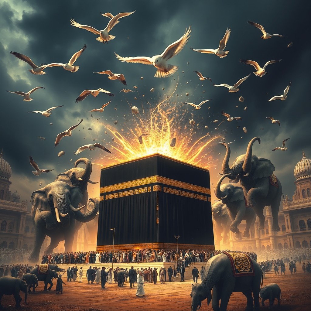 An artistic representation of the miraculous protection of the Kaaba during the event of Surah Al-Fil, featuring the iconic Kaaba at the center, draped in its black and gold cloth, surrounded by a swirling storm of mighty elephants led by the general Abraha
