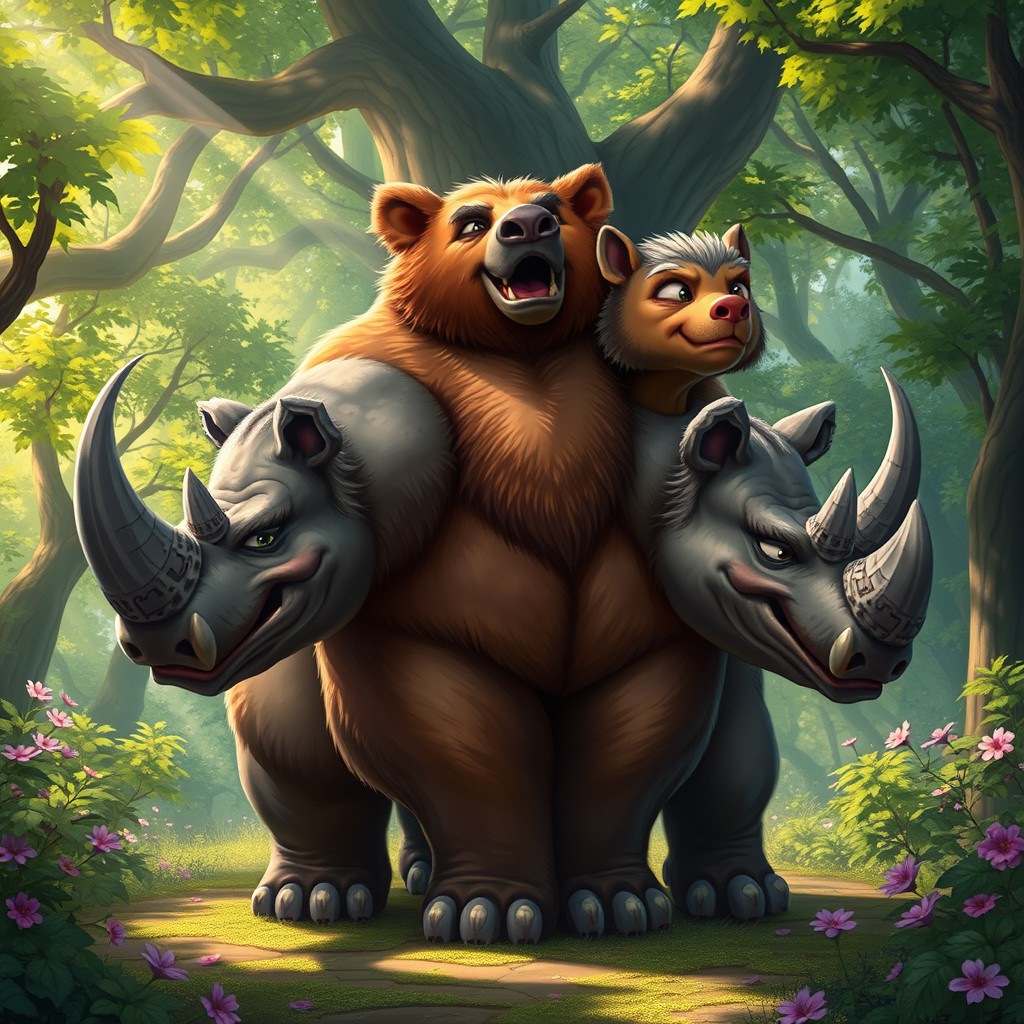 A fantastical creature that combines features of a bear and a rhinoceros, exhibiting a unique 5-headed design