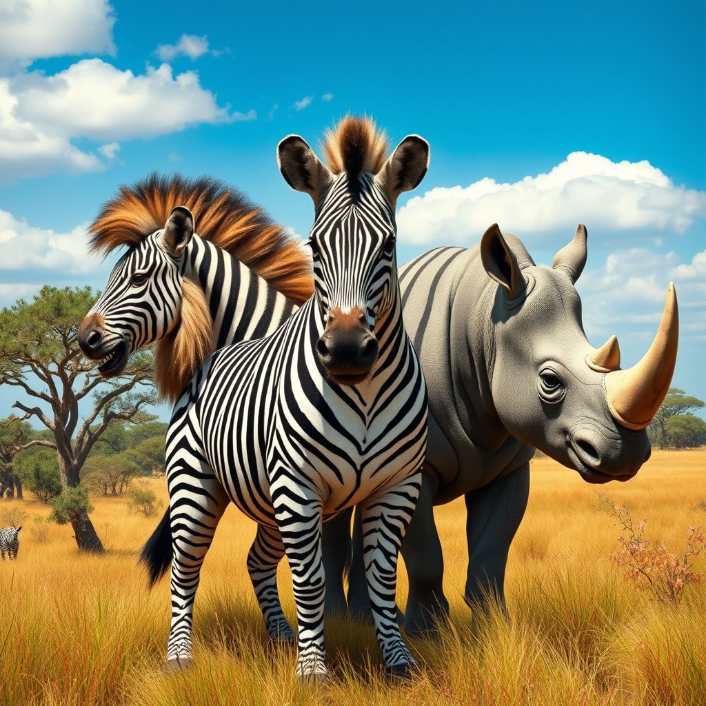 A majestic three-headed creature that is a fantastical blend of a lion, a zebra, and a rhinoceros
