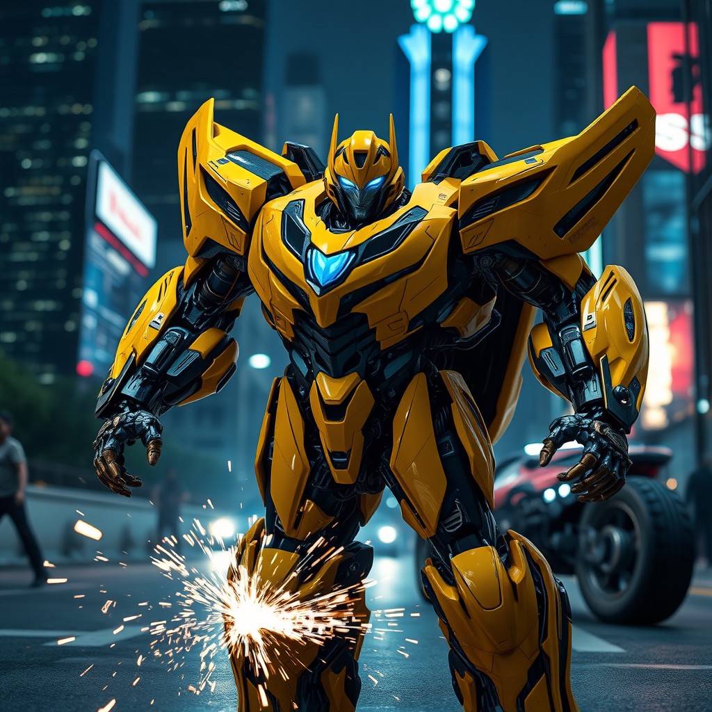 A cinematic representation of a futuristic robotic character inspired by Bumblebee, set in an urban environment at night, with neon lights reflecting off metallic surfaces and an impressive city skyline in the background