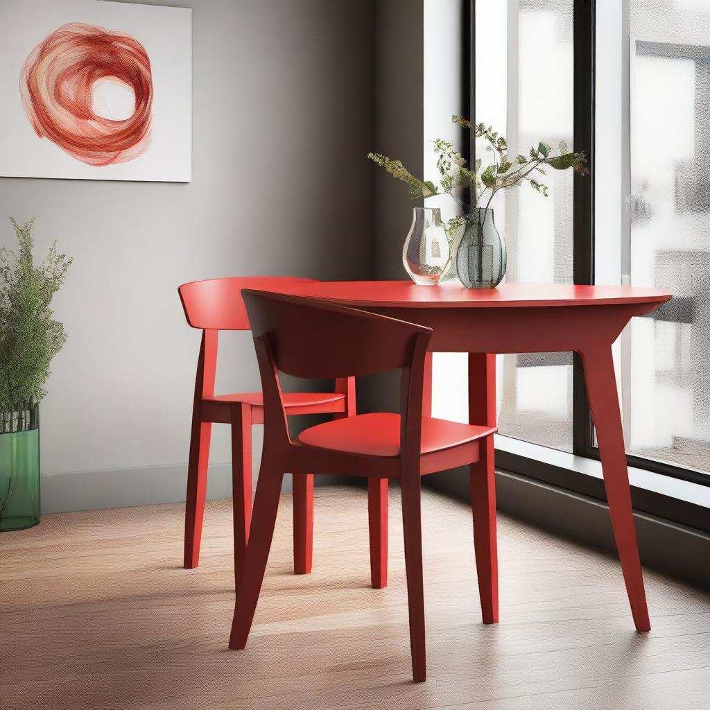 A fiery, bold dining chair design inspired by Hans Werner, placed elegantly in a cozy café environment, accompanied by a glass of fine wine on a small table beside it.