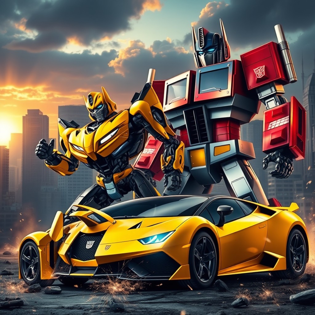 A dynamic and dramatic scene featuring Bumblebee and Optimus Prime from the Transformers universe, set against a chaotic cityscape with skyscrapers in the background