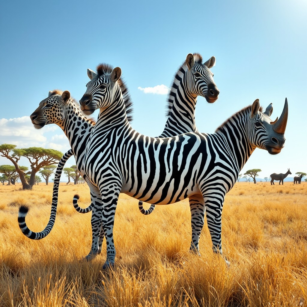A stunning conceptual artwork featuring a majestic creature with the body of a leopard and black and white stripes of a zebra, seamlessly integrating these patterns
