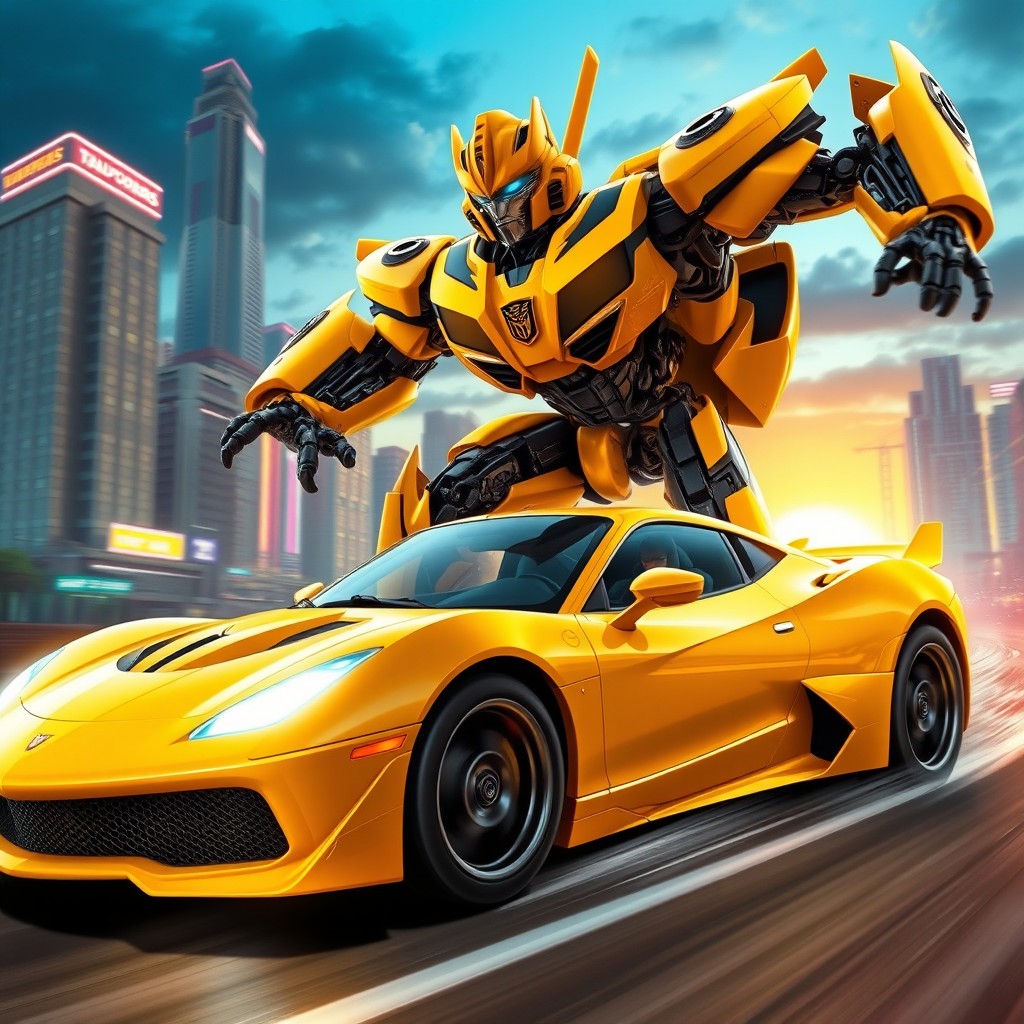 A dynamic and action-packed scene featuring Bumblebee from Transformers, depicted as a fierce Autobot in his iconic yellow and black color scheme