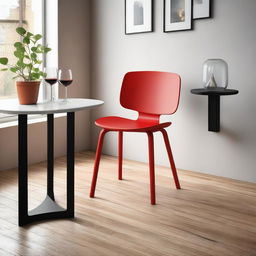 A fiery, bold dining chair design inspired by Hans Werner, placed elegantly in a cozy café environment, accompanied by a glass of fine wine on a small table beside it.