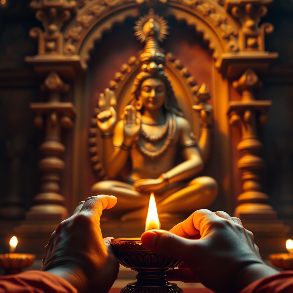 A close-up of hands gently lighting a ghee lamp in front of a beautifully crafted Shiva idol, surrounded by a warm golden light that creates a spiritual atmosphere