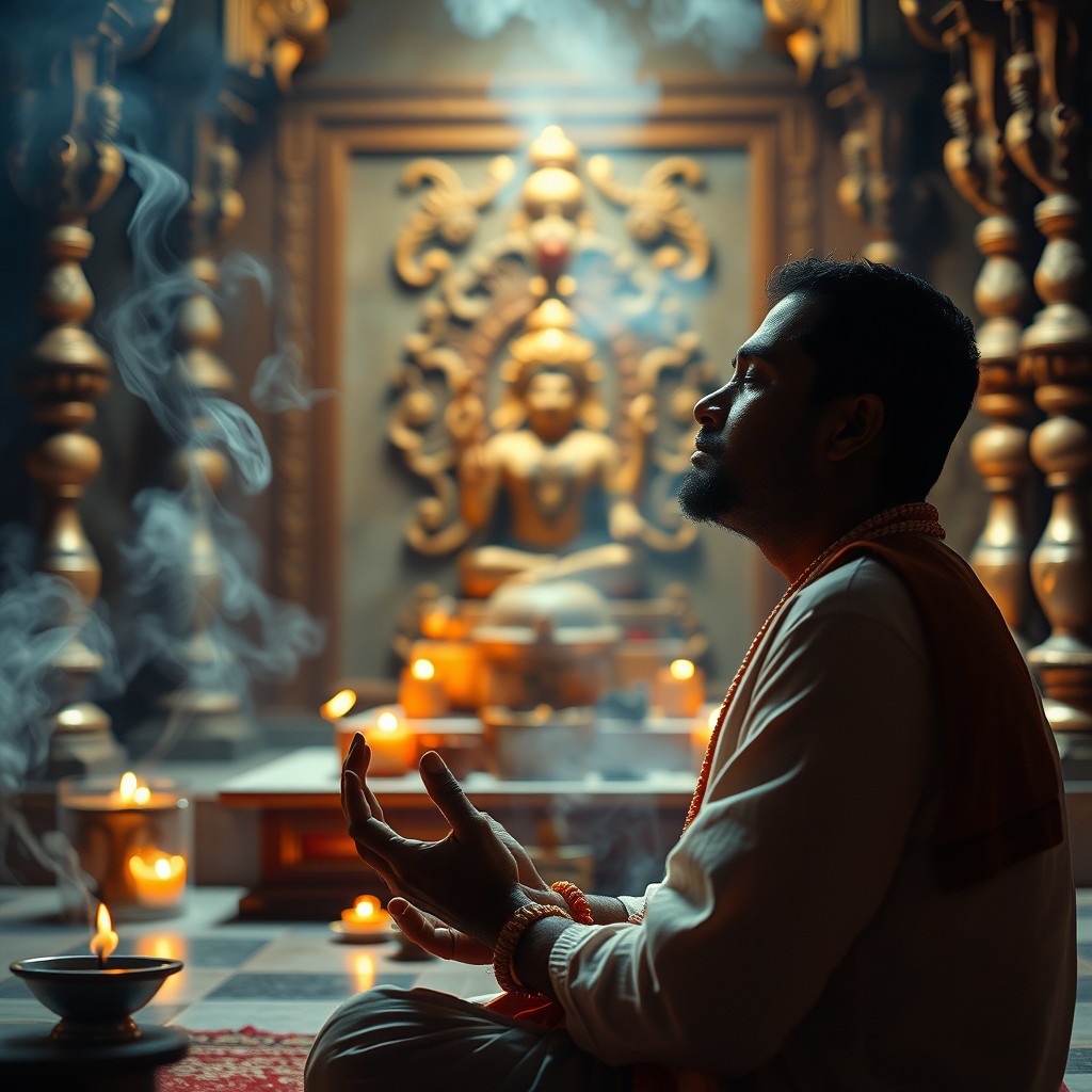 A serene Hindu devotee sitting inside a temple, deeply immersed in chanting mantras with closed eyes, embodying tranquility and devotion