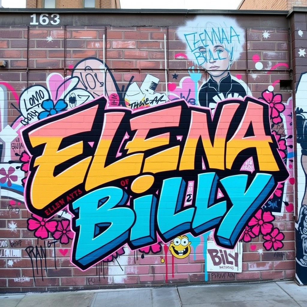 A captivating mural featuring the graffiti names 'ELENA' and 'BILLY', artistically intertwined with vibrant colors, intricate patterns, and urban elements