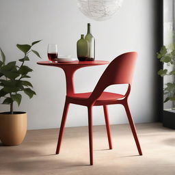 A fiery, bold dining chair design inspired by Hans Werner, placed elegantly in a cozy café environment, accompanied by a glass of fine wine on a small table beside it.