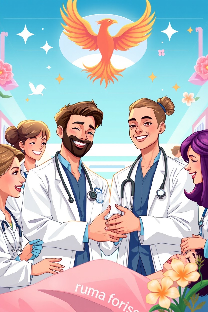 A dynamic illustration of a team of diverse medicos coming together, showcasing resilience and revival in a vibrant and hopeful atmosphere